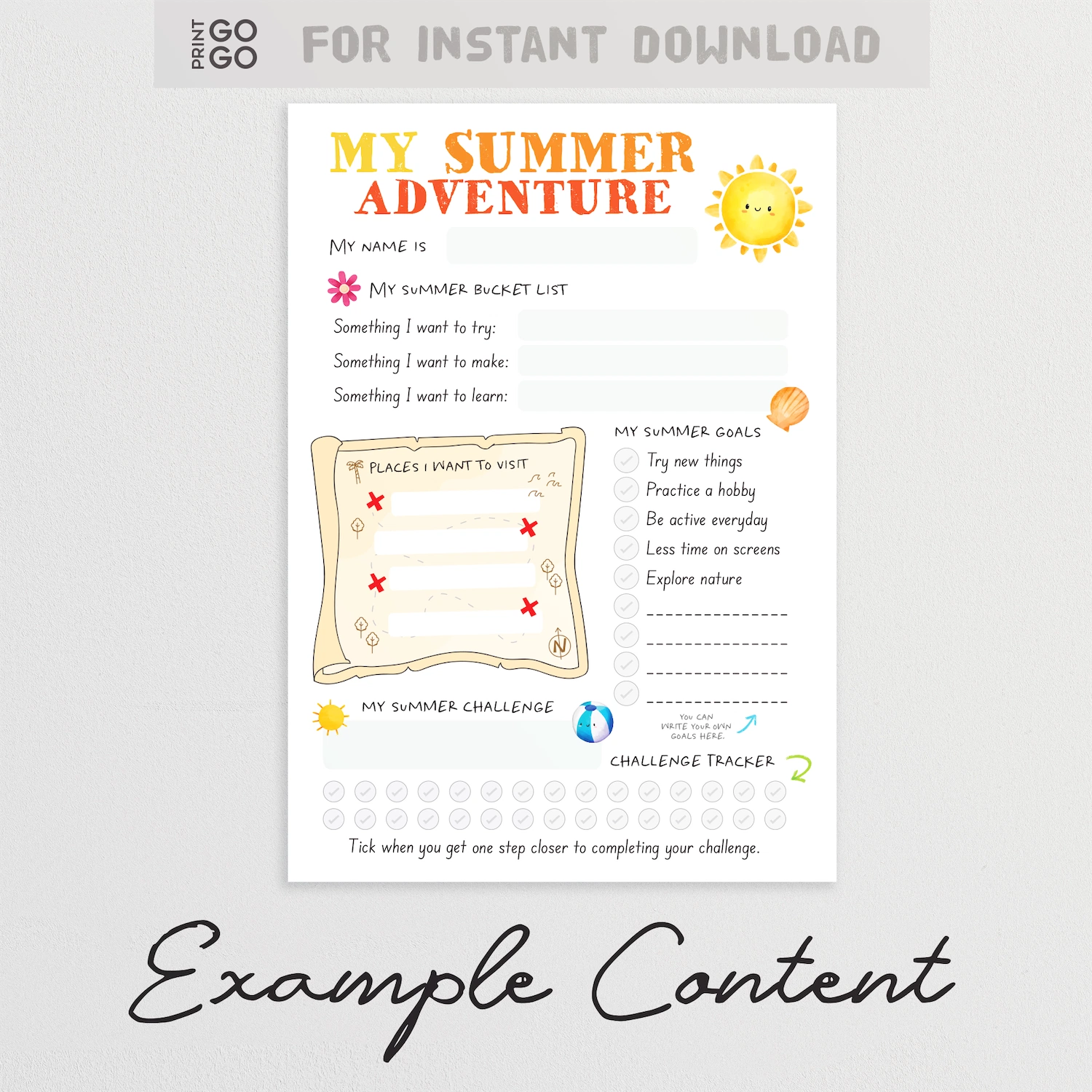 Summer adventure planner with checkboxes and text on a white background