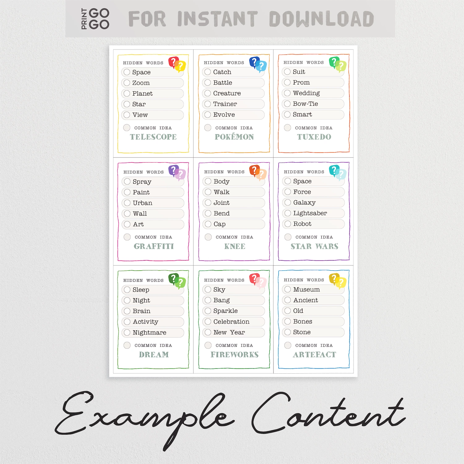 Example cards for printable family party game, Word Rush.