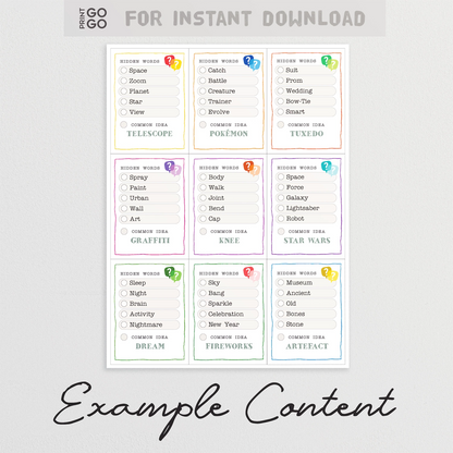 Example cards for printable family party game, Word Rush.