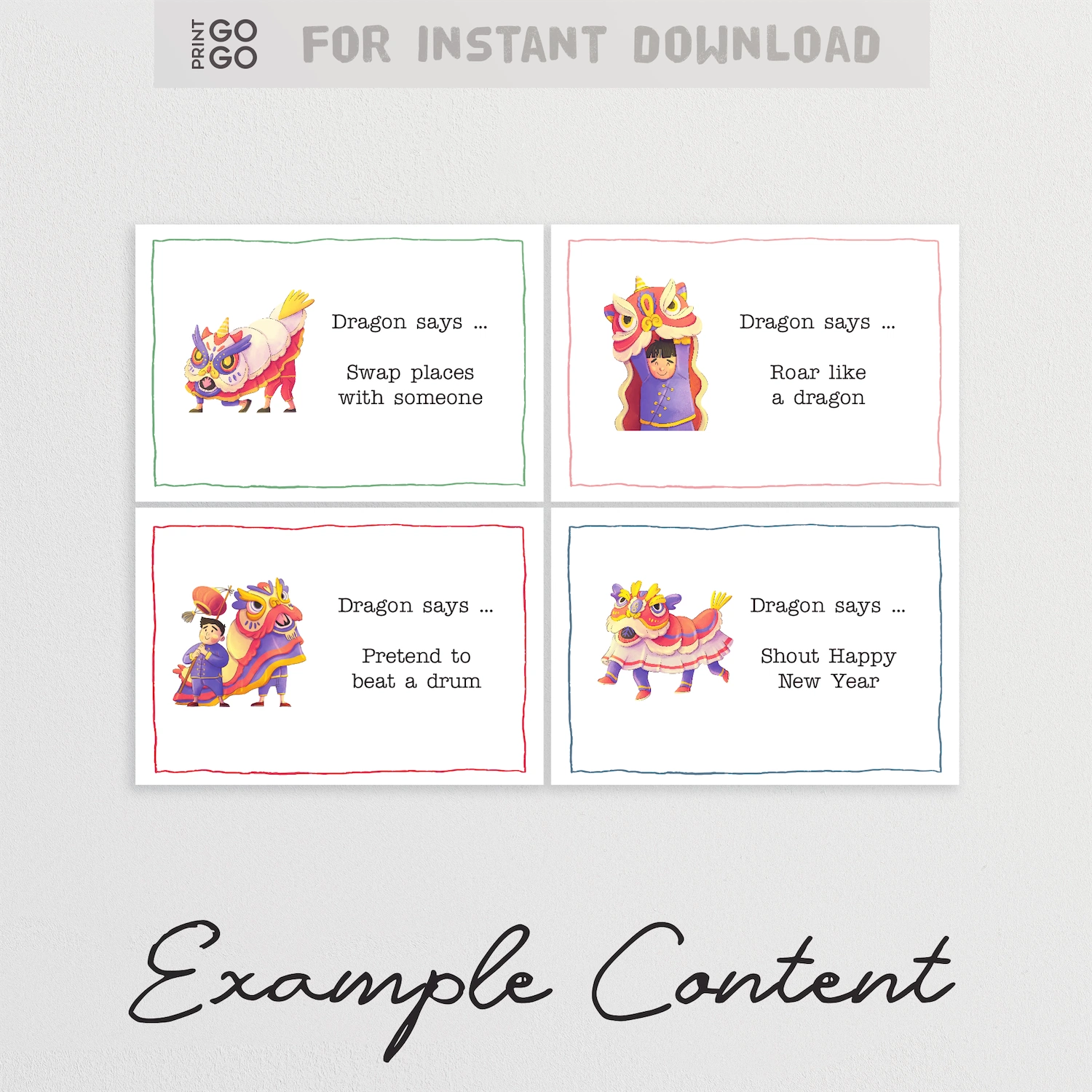 Example content for 'Dragon Says' a printable party game for Lunar New Year based on 'Simon Says'.