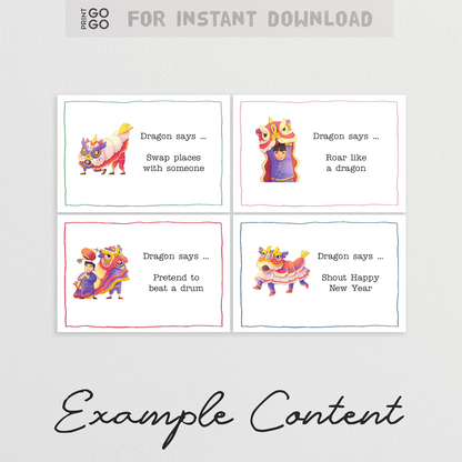 Example content for 'Dragon Says' a printable party game for Lunar New Year based on 'Simon Says'.