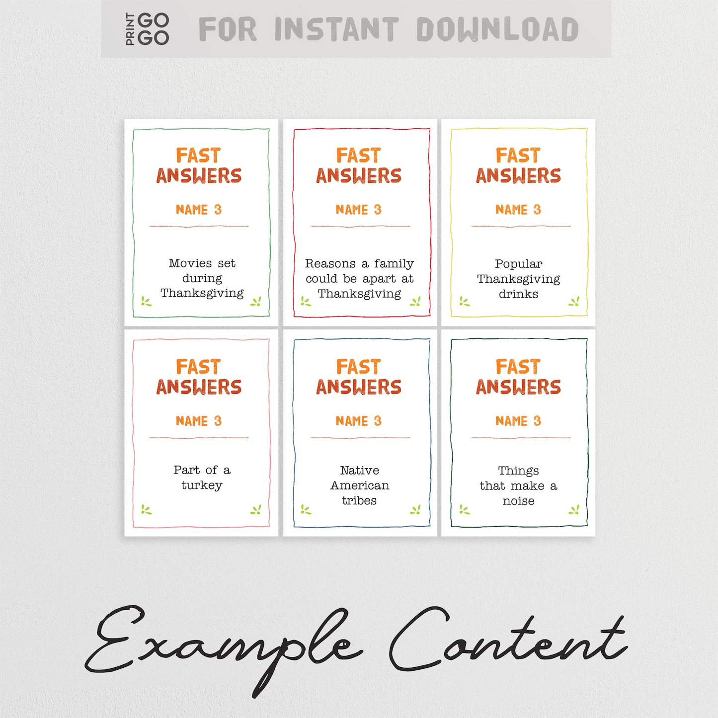 Set of 'Fast Answers' cards with example content on a light gray background