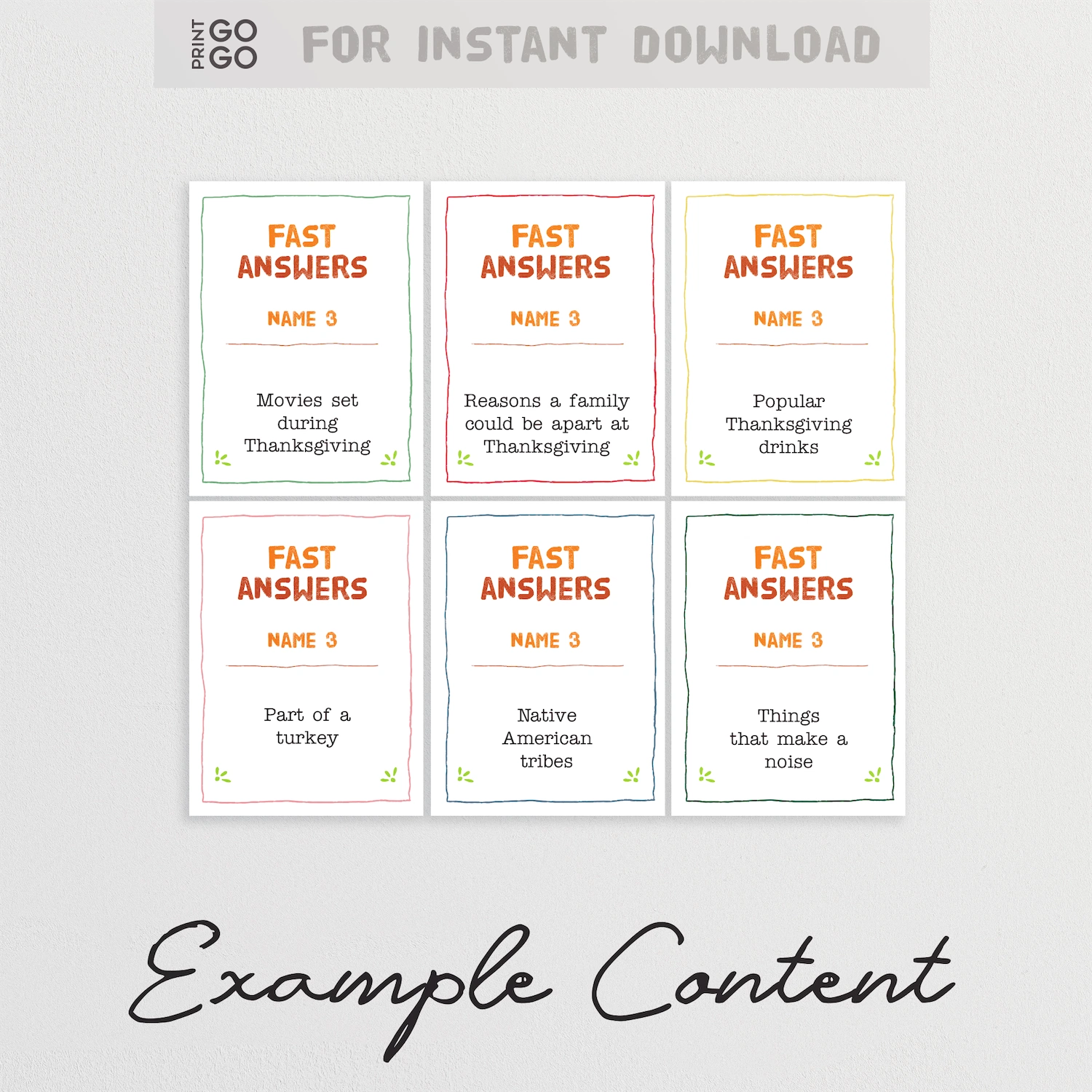 Set of 'Fast Answers' cards with example content on a light gray background