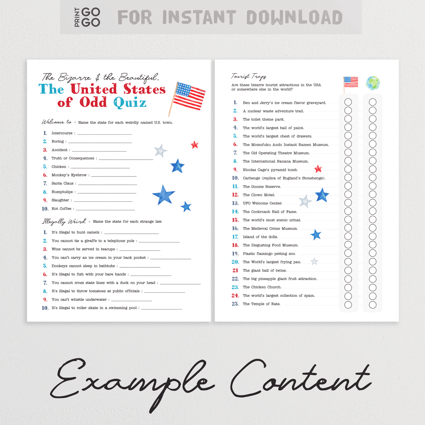 Printable quiz titled 'The United States of Odd Quiz' with American flag and stars on a white background.