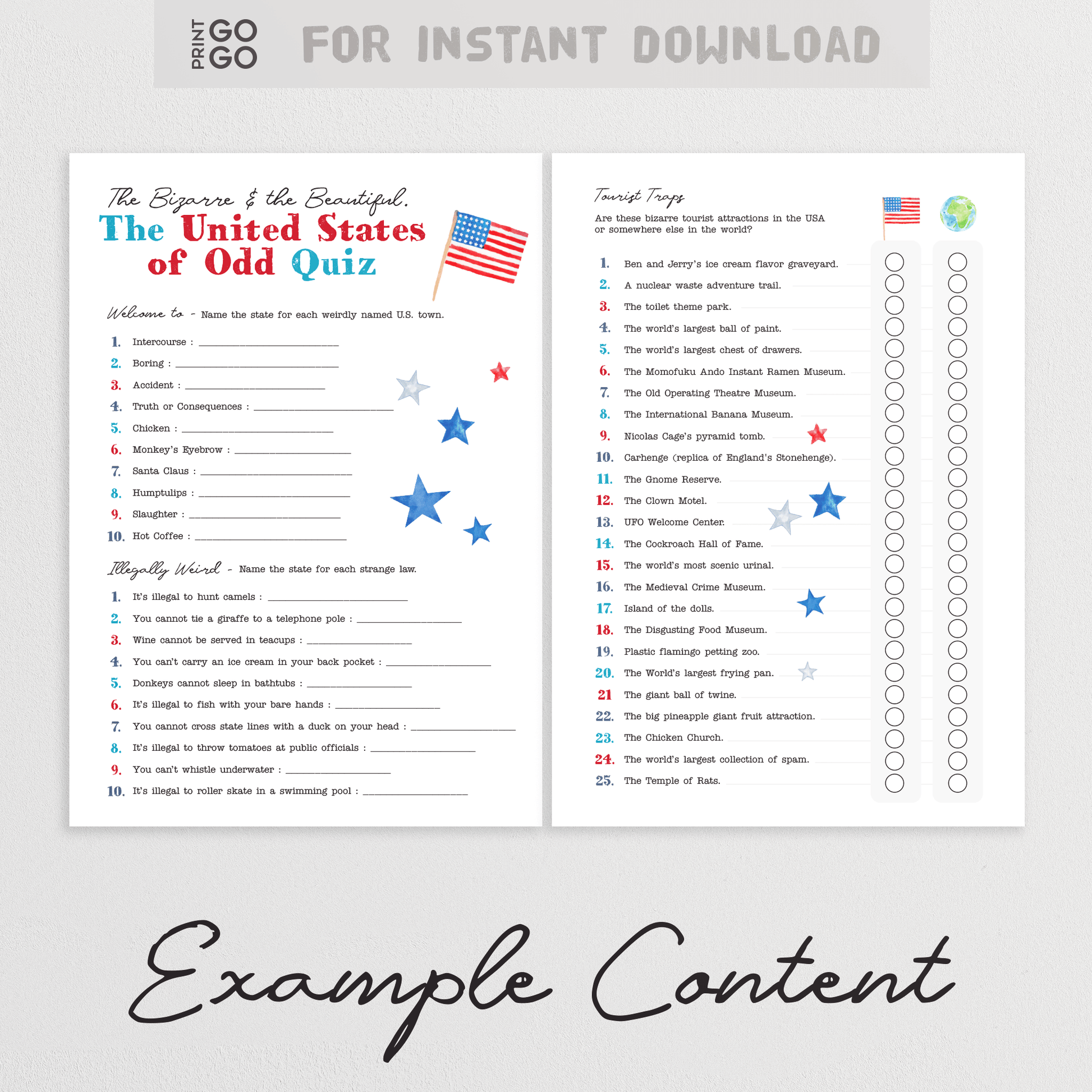Printable quiz titled 'The United States of Odd Quiz' with American flag and stars on a white background.