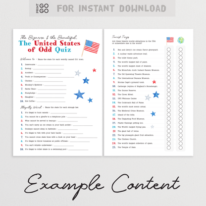 Printable quiz titled 'The United States of Odd Quiz' with American flag and stars on a white background.