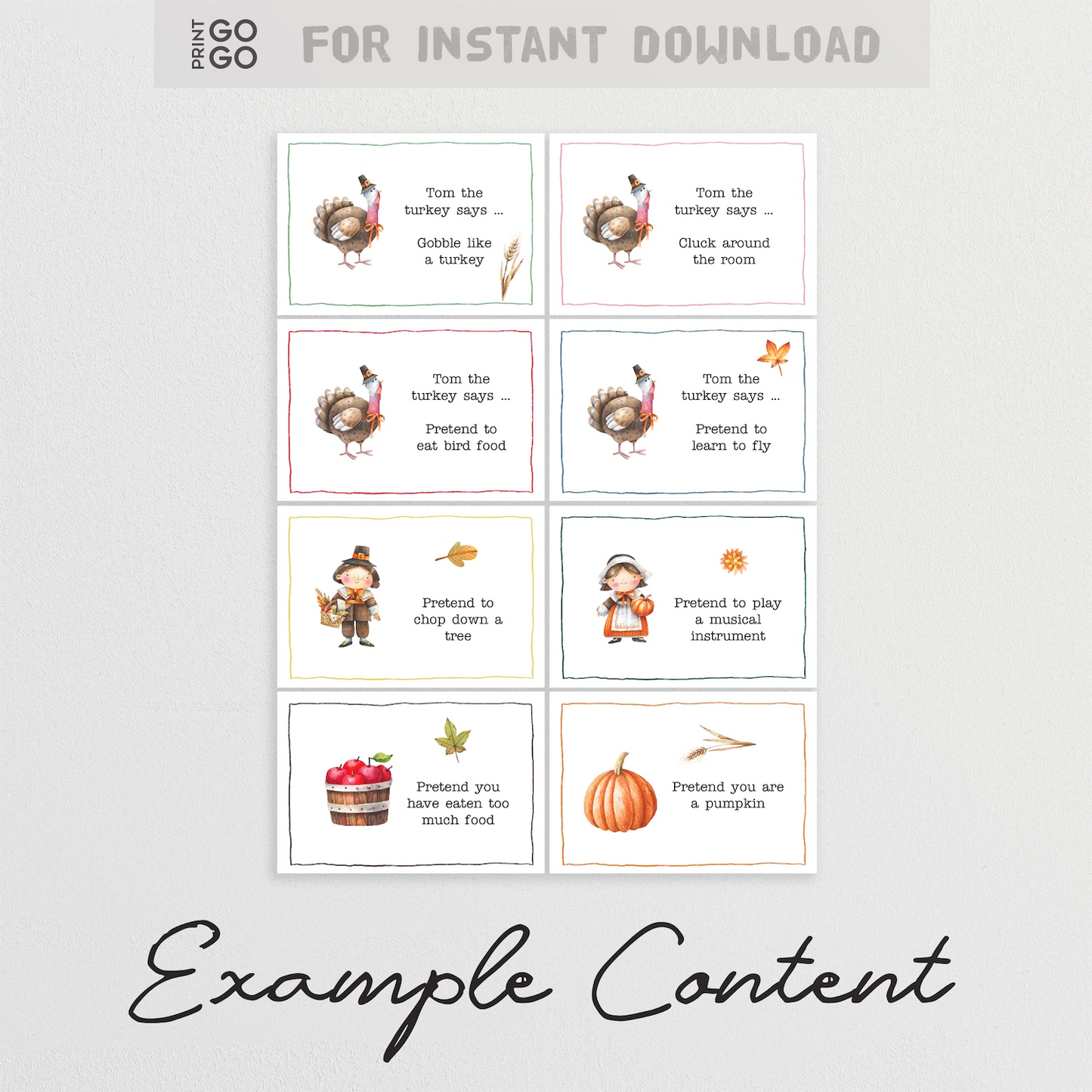 Example cards from Thanksgiving themed Simon says game for kids.