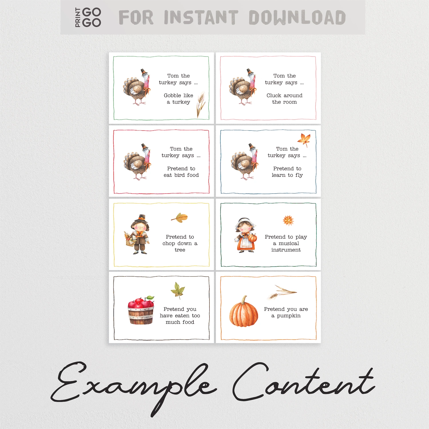 Example cards from Thanksgiving themed Simon says game for kids.