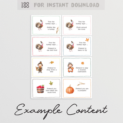 Example cards from Thanksgiving themed Simon says game for kids.