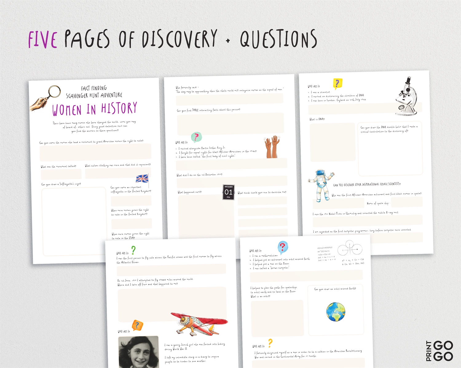 Five pages of educational content on a white background with text 'Five Pages of Discovery + Questions'.
