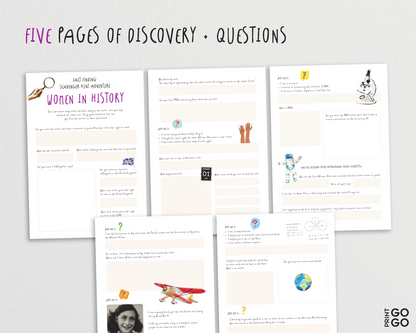 Five pages of educational content on a white background with text 'Five Pages of Discovery + Questions'.