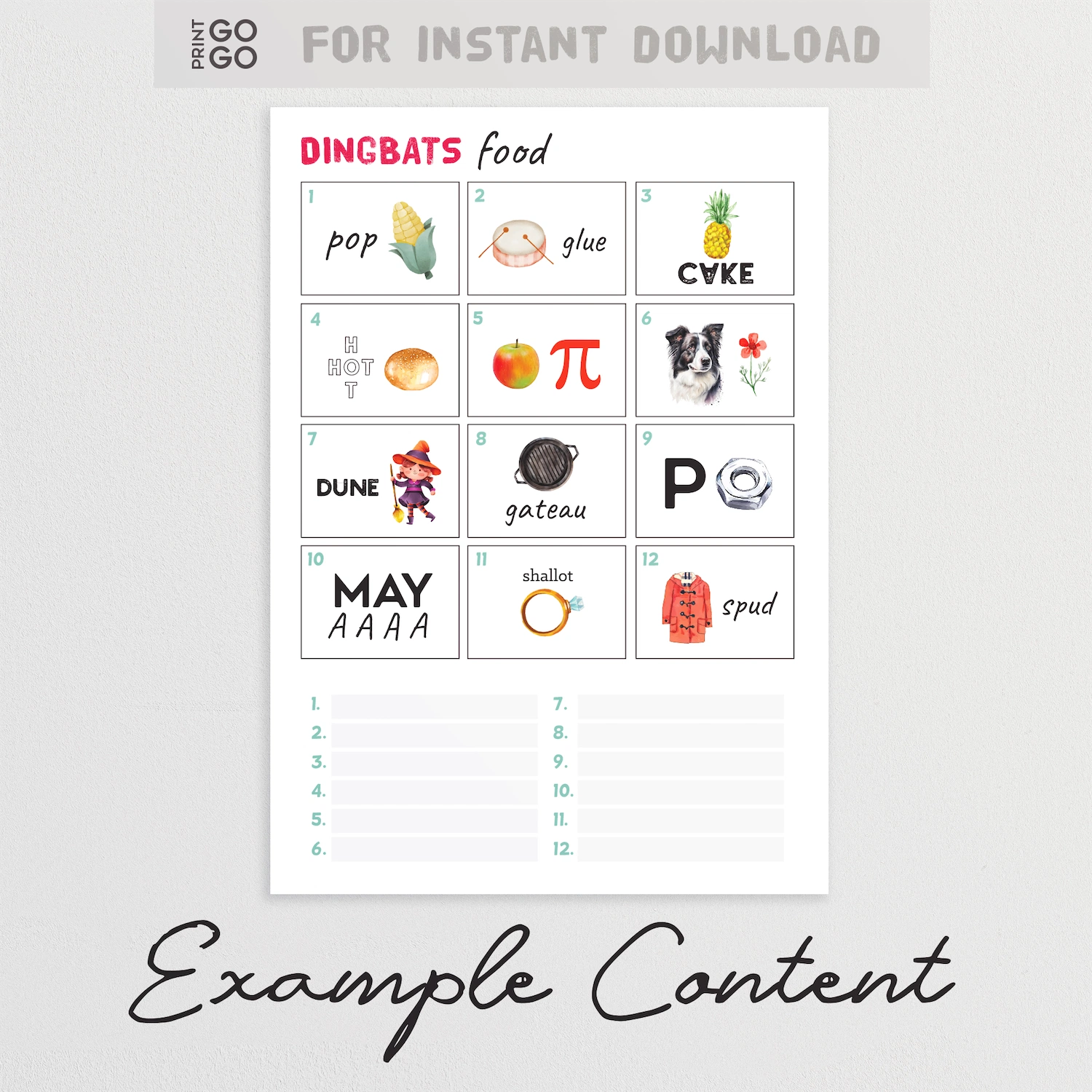 Sheet of printed Dingbats Food characters with various food-related images on a light gray background.