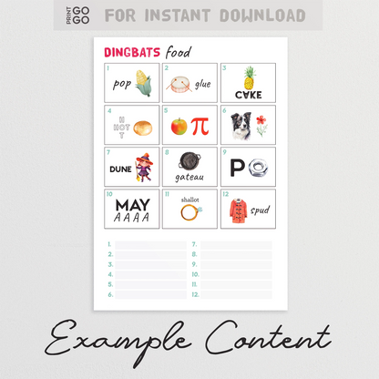 Sheet of printed Dingbats Food characters with various food-related images on a light gray background.