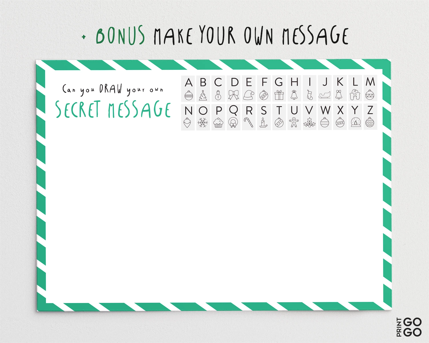 Example elf coded alphabet sheet for kids.