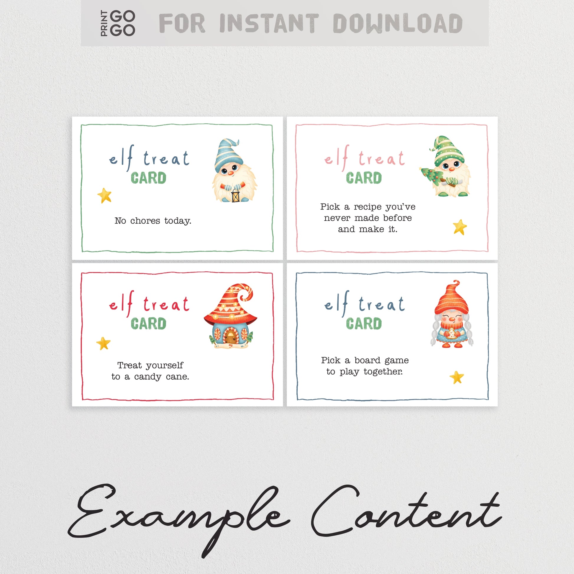 Four elf-themed cards with example content on a light gray background