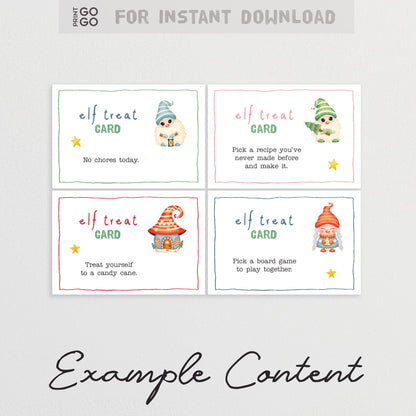 Four elf-themed cards with example content on a light gray background
