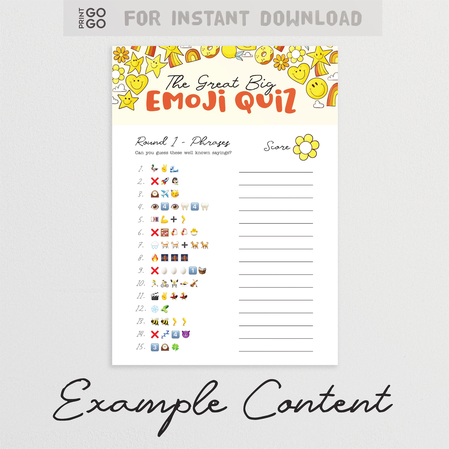 Emoji quiz sheet with colorful emojis and text on a white background