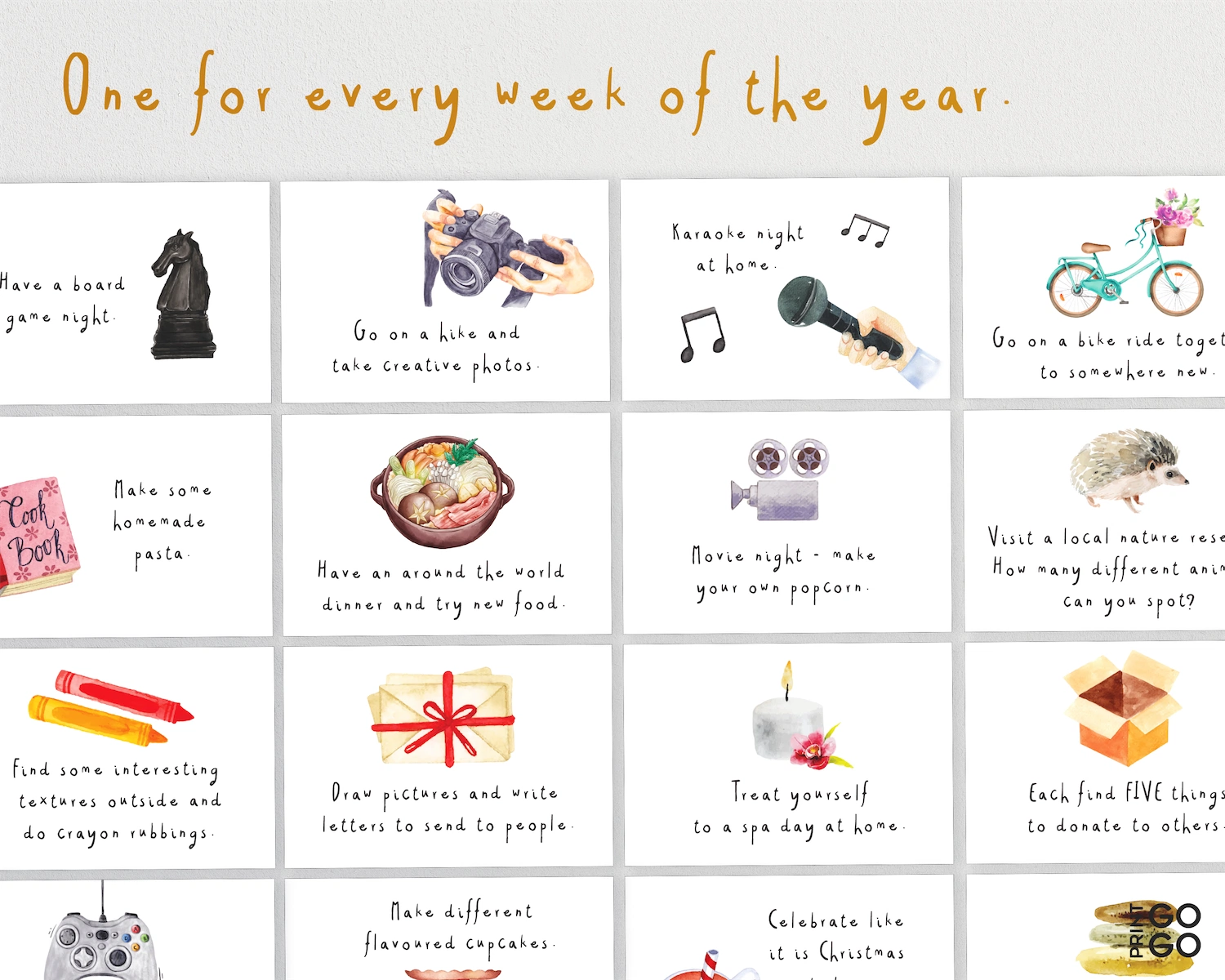 Grid of activities for each week of the year with icons and text.
