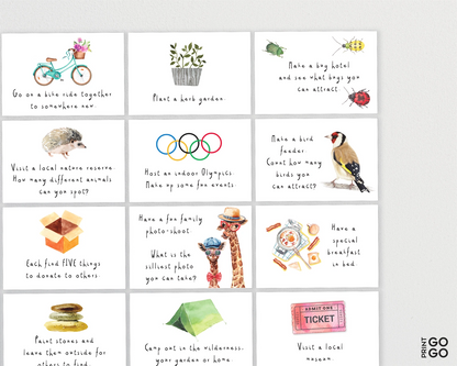 Set of family activity cards with illustrations and text on a white background