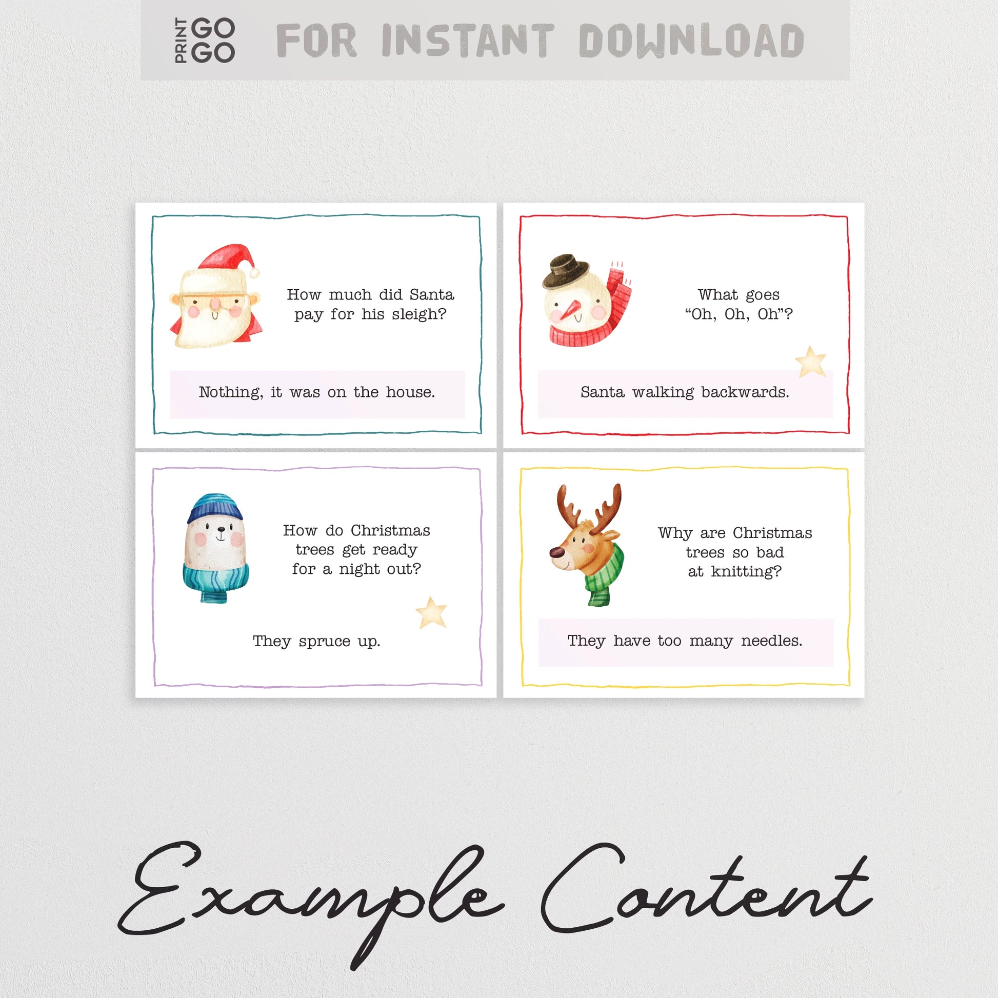 Set of Christmas-themed joke cards with illustrations and text on a gray background.