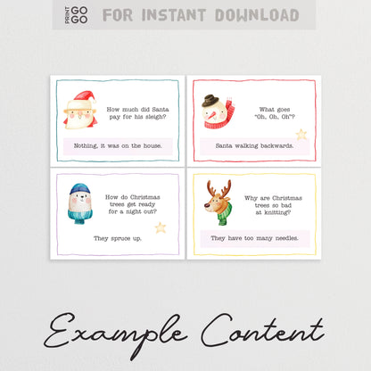 Set of Christmas-themed joke cards with illustrations and text on a gray background.