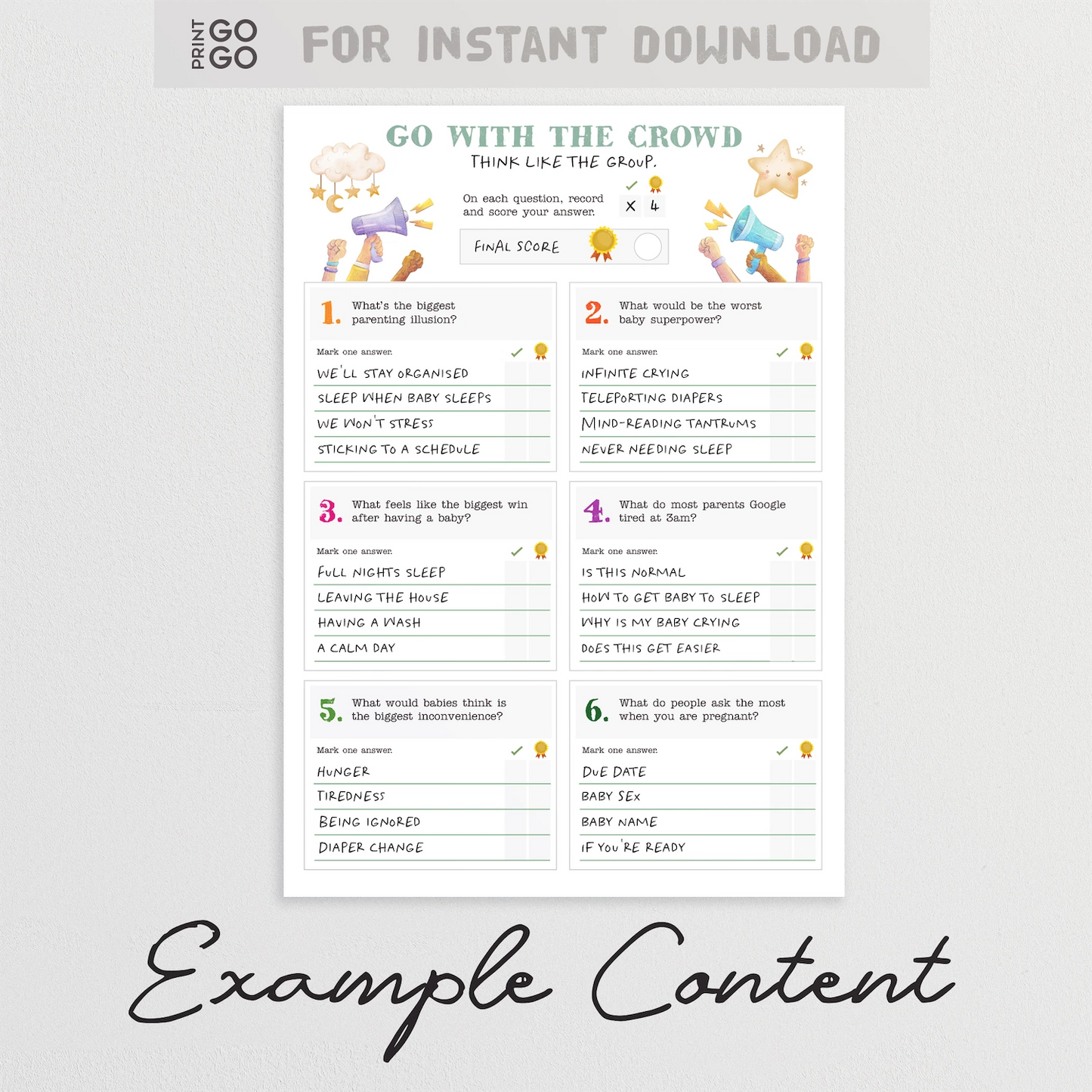 Example content for instant download baby shower party game for groups. Perfect ice breaker, no prep activity.