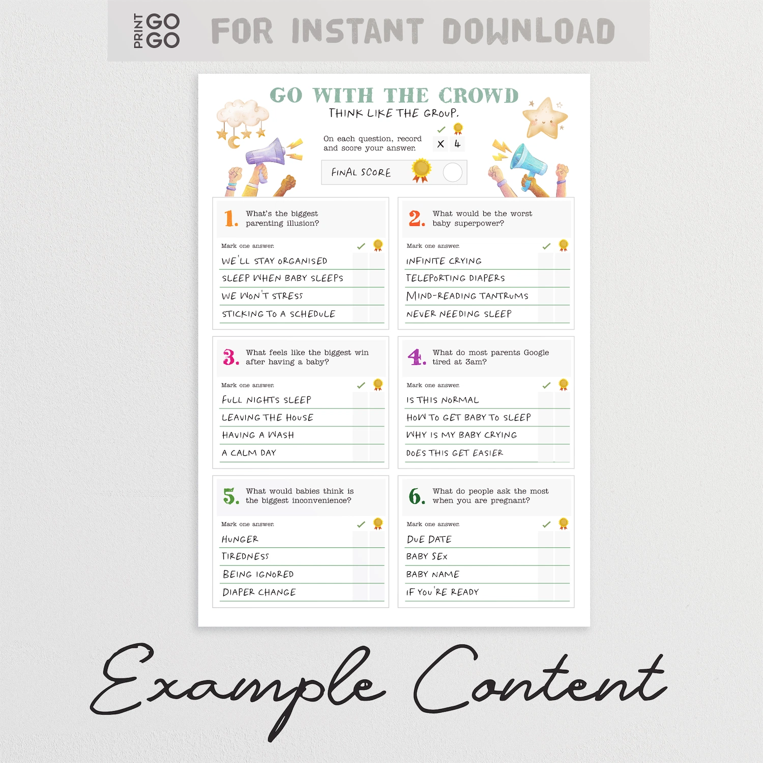Example content for instant download baby shower party game for groups. Perfect ice breaker, no prep activity.