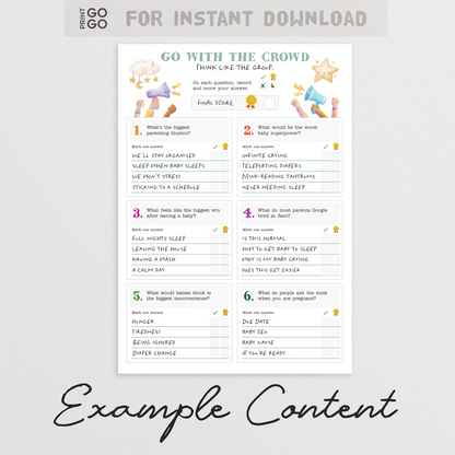 Example content for instant download baby shower party game for groups. Perfect ice breaker, no prep activity.