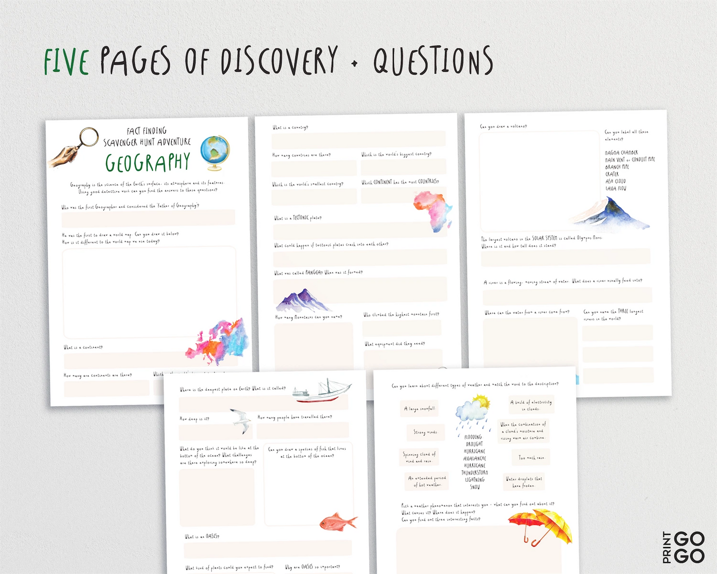 Five pages of educational content with various illustrations on a light gray background