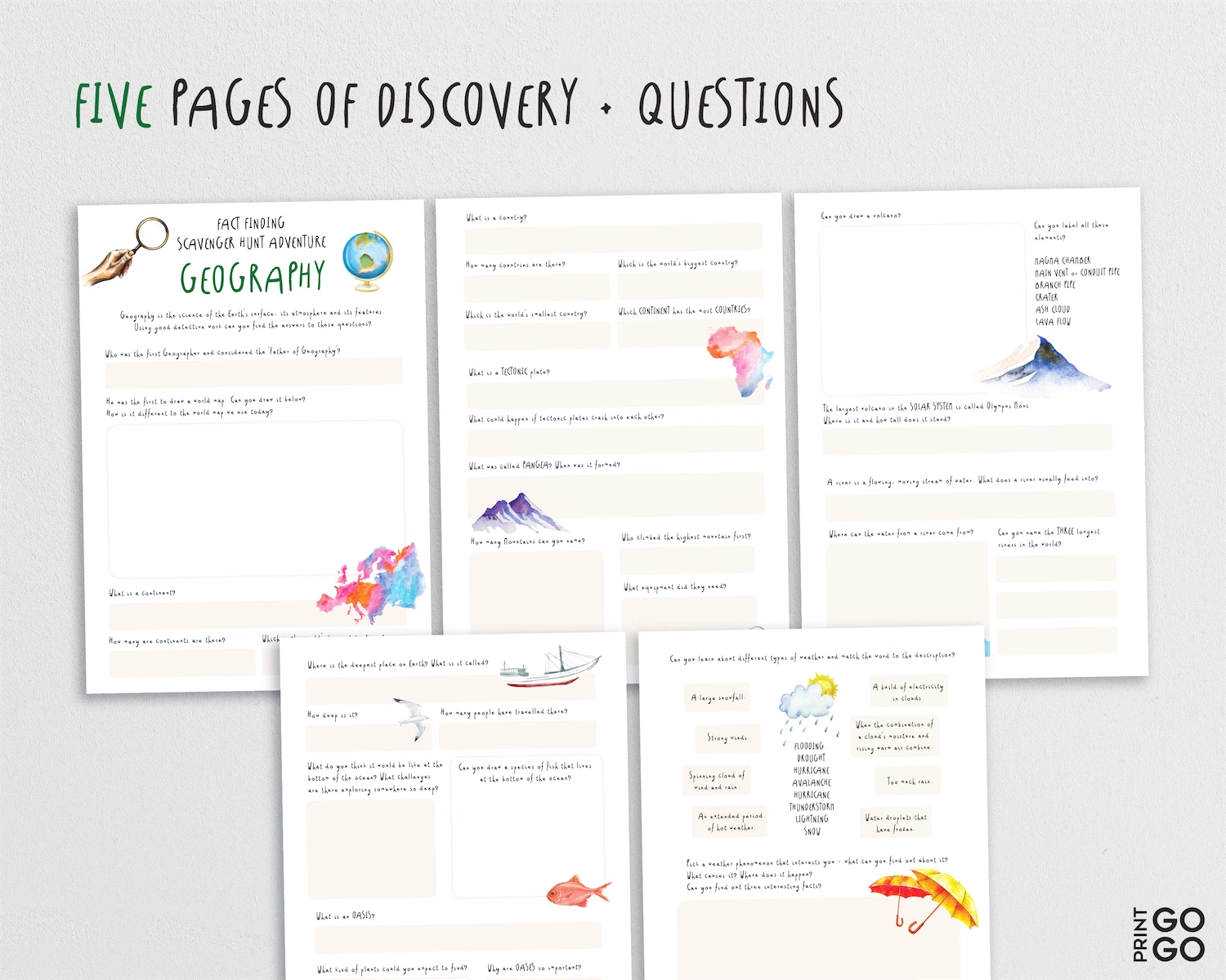 Five pages of educational content with various illustrations on a light gray background