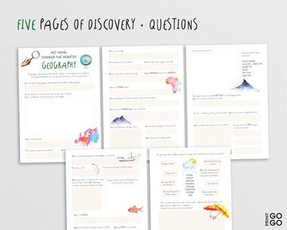 Five pages of educational content with various illustrations on a light gray background