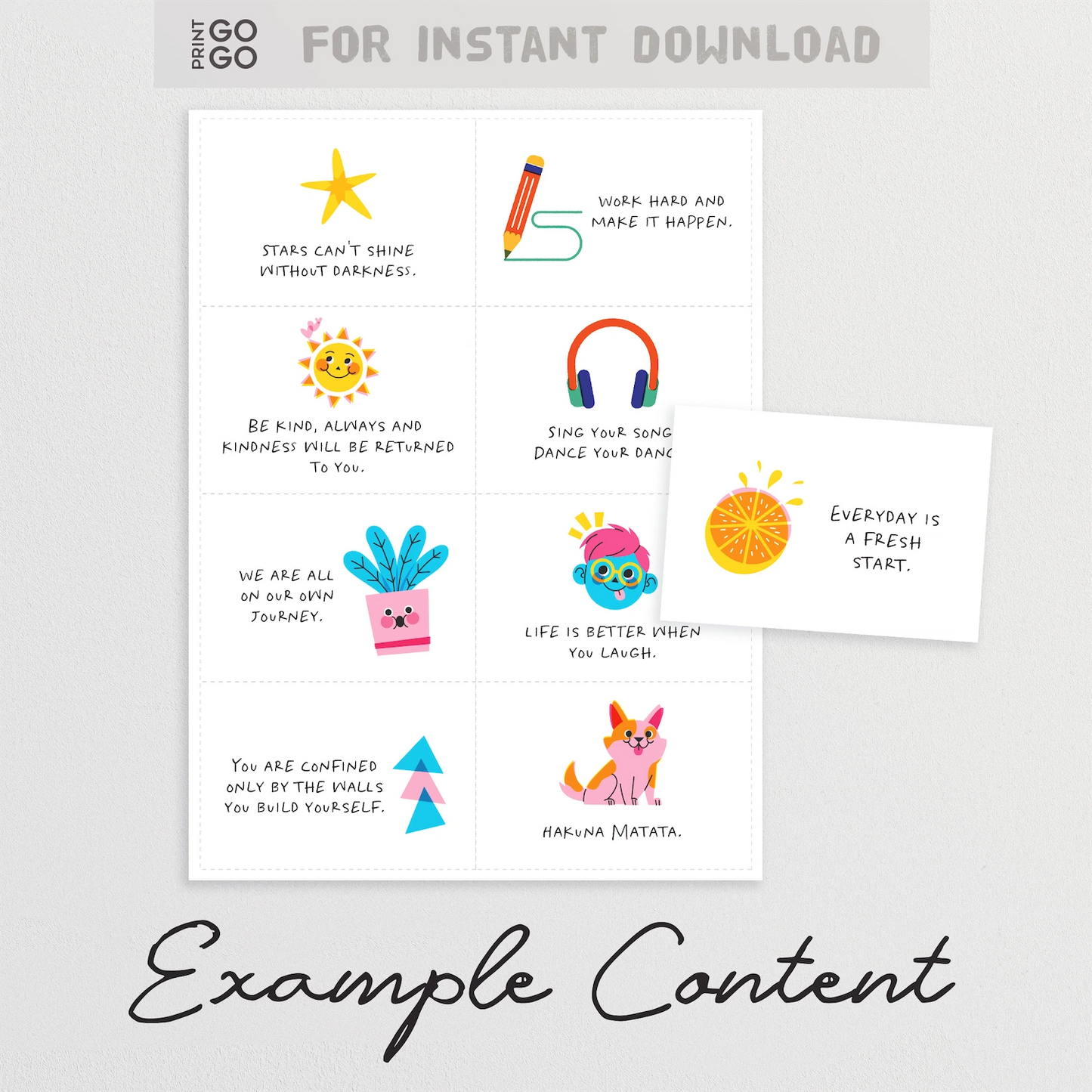 Set of motivational cards with illustrations and quotes on a white background