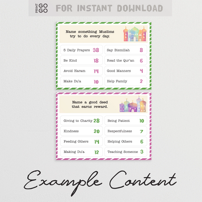Example cards for 'Ramadan Face-Off' game with cards and text on a light gray background