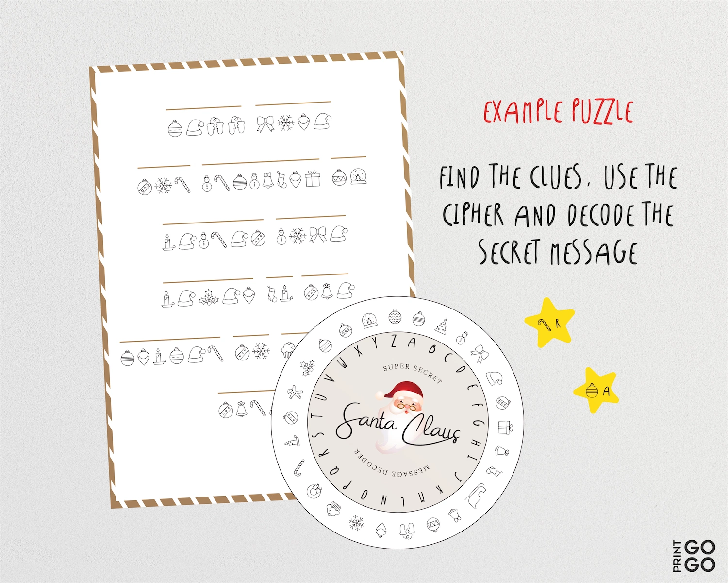 Christmas-themed puzzle with a decoder wheel and text on a white background