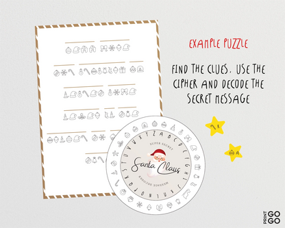 Christmas-themed puzzle with a decoder wheel and text on a white background