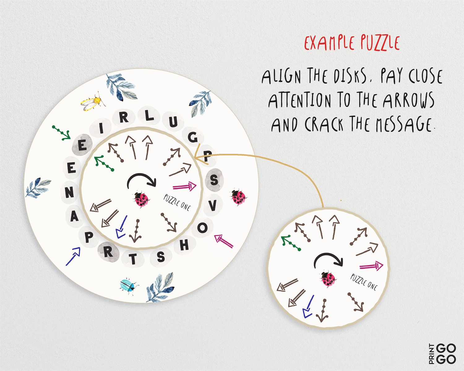 Puzzle with disks and arrows on a white background