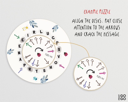 Puzzle with disks and arrows on a white background
