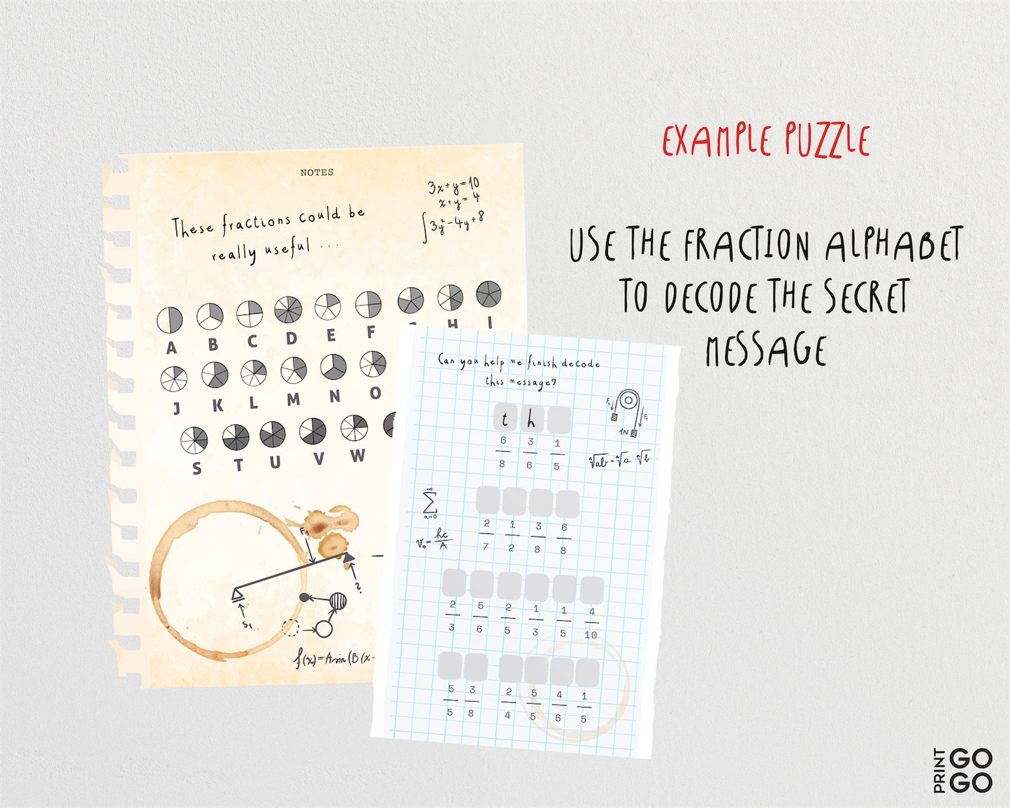 Fraction alphabet puzzle with instructions on a light gray background