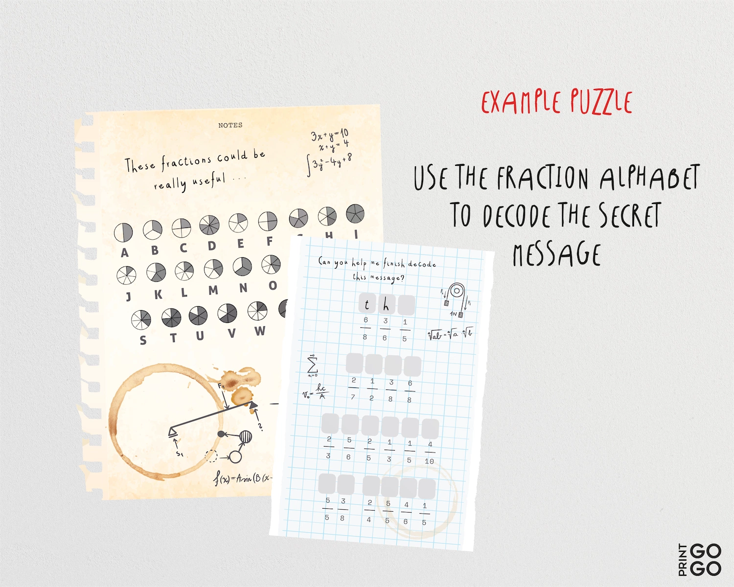 Fraction alphabet puzzle with instructions on a light gray background