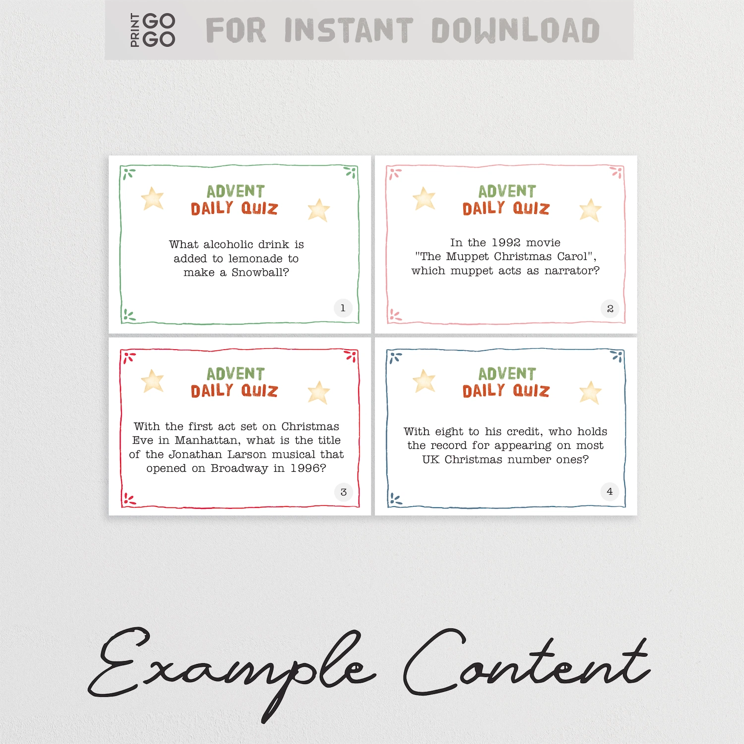Four example Advent trivia quiz cards, for instant download and printable at home.