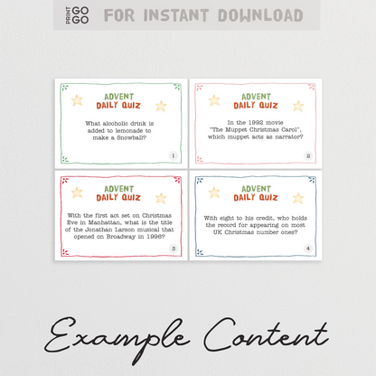 Four example Advent trivia quiz cards, for instant download and printable at home.