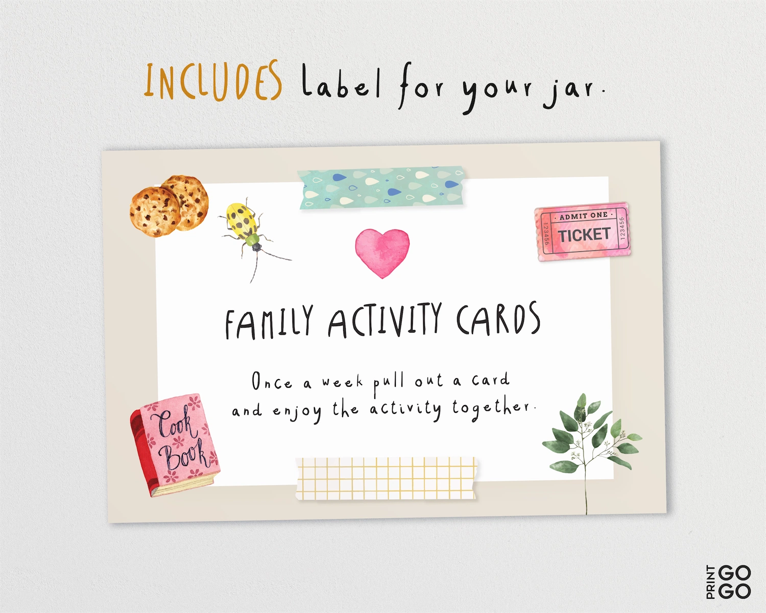 Family activity cards with colorful illustrations and text on a white background