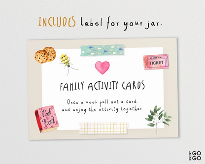 Family activity cards with colorful illustrations and text on a white background