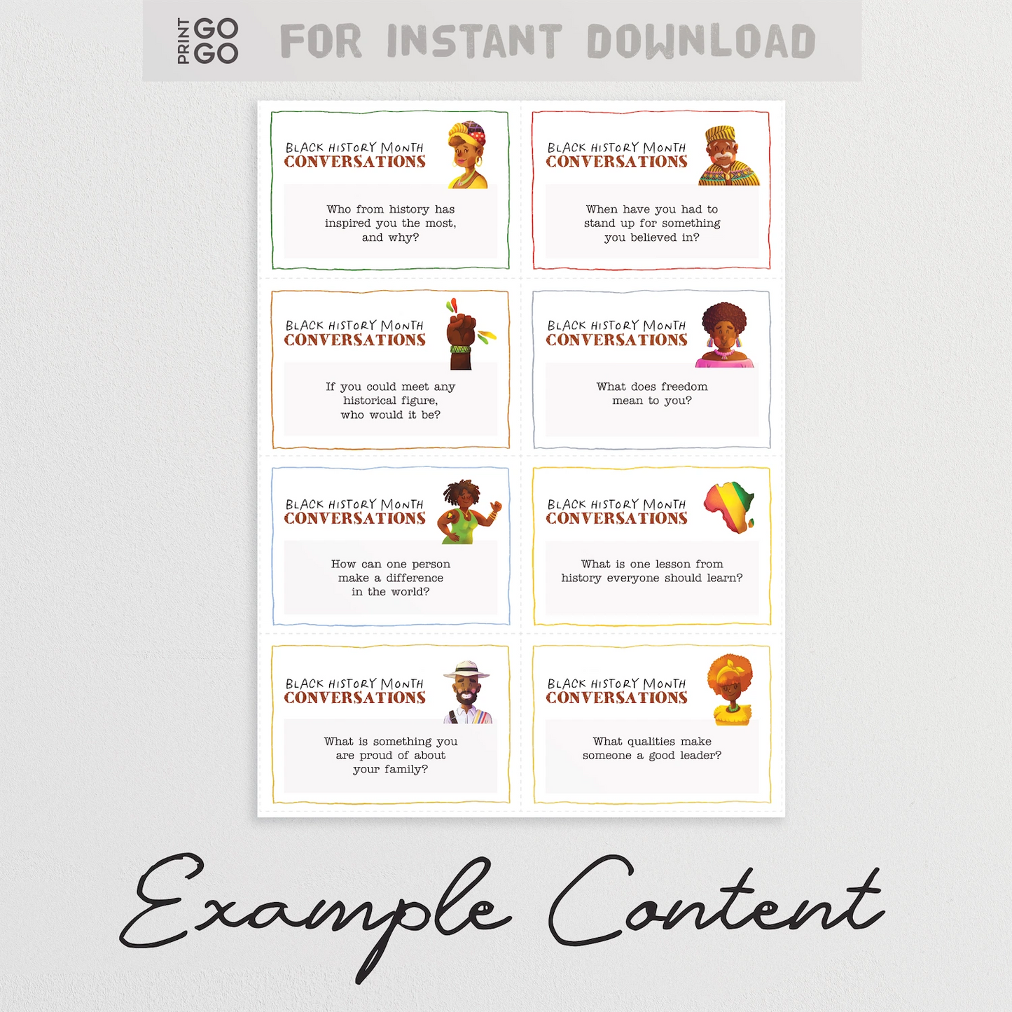 Set of printed cards with Black History Month conversations on a white background.