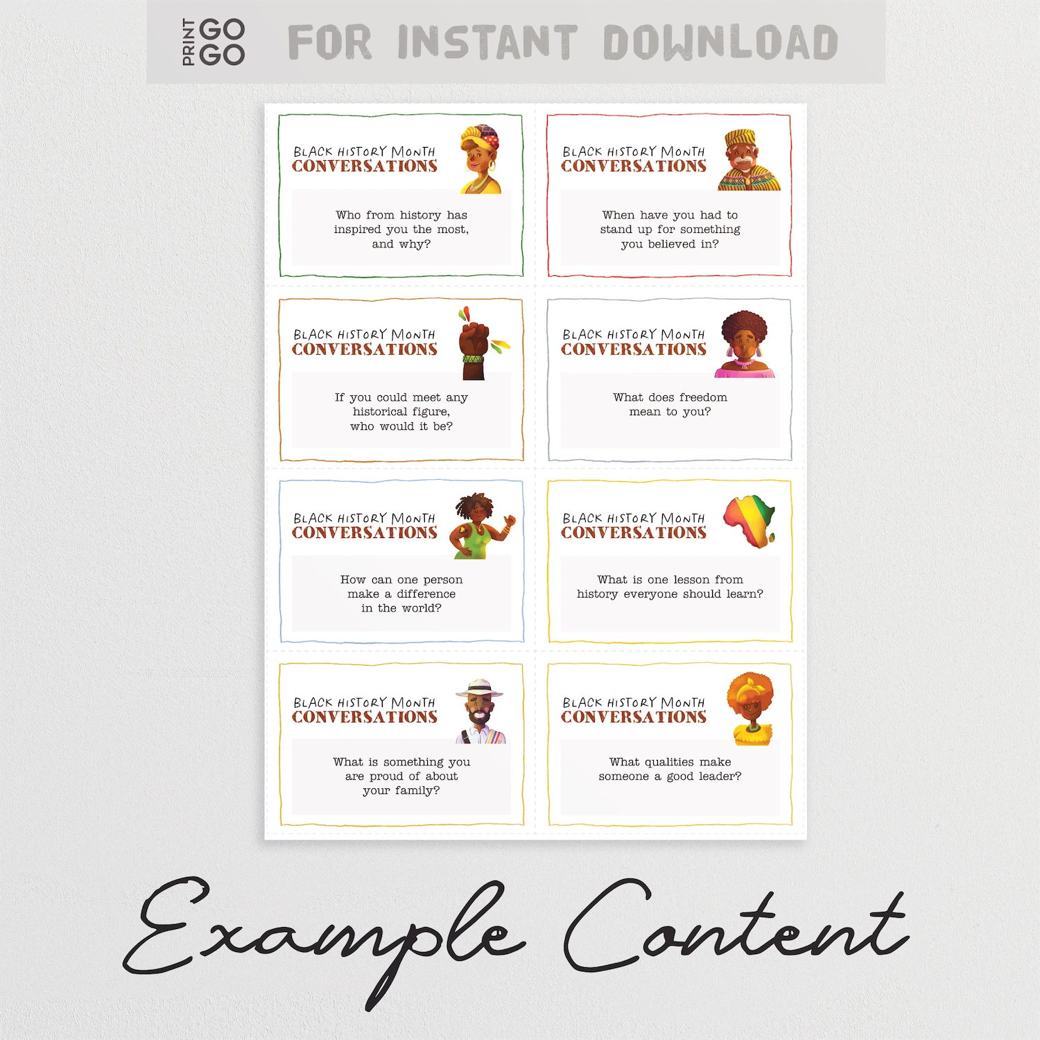 Set of printed cards with Black History Month conversations on a white background.