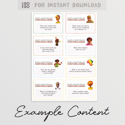 Set of printed cards with Black History Month conversations on a white background.