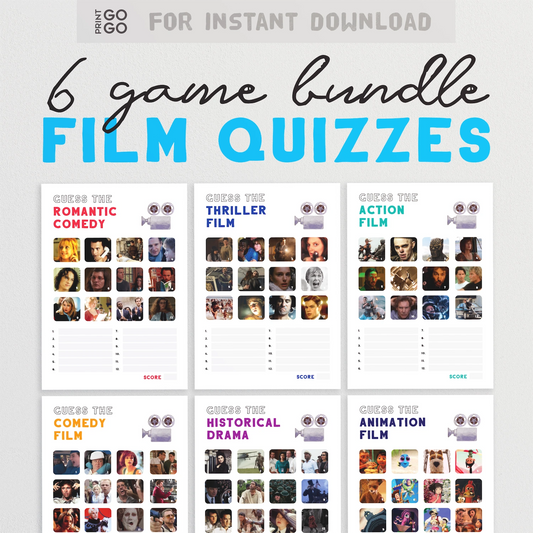 Six film quizzes with images of actors and text prompts on a white background.
