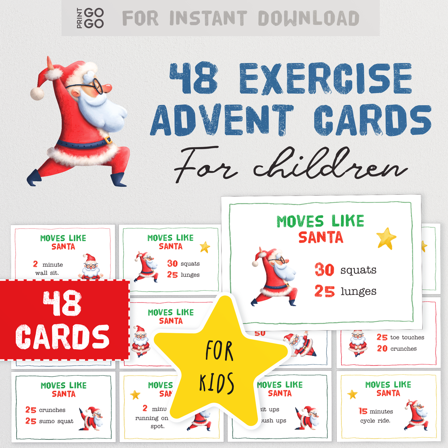 48 Exercise Advent Cards - Keep Moving and Countdown Christmas! | Unique Advent Activity Cards | Xmas Ideas for Kids | Holiday Printable