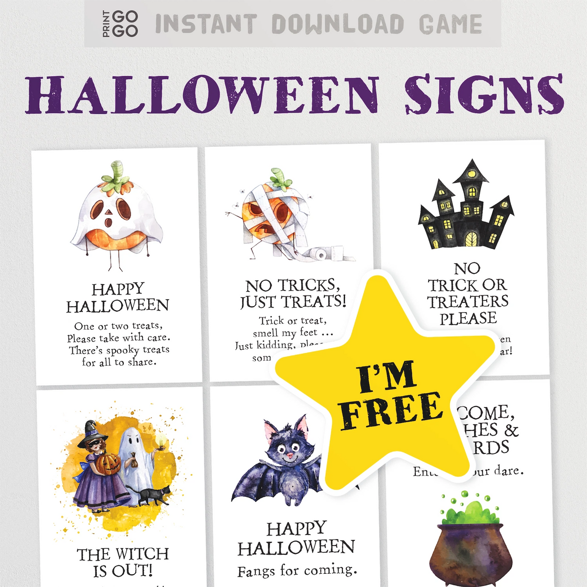 Collection of 6 free printable Halloween door signs for trick or treaters.