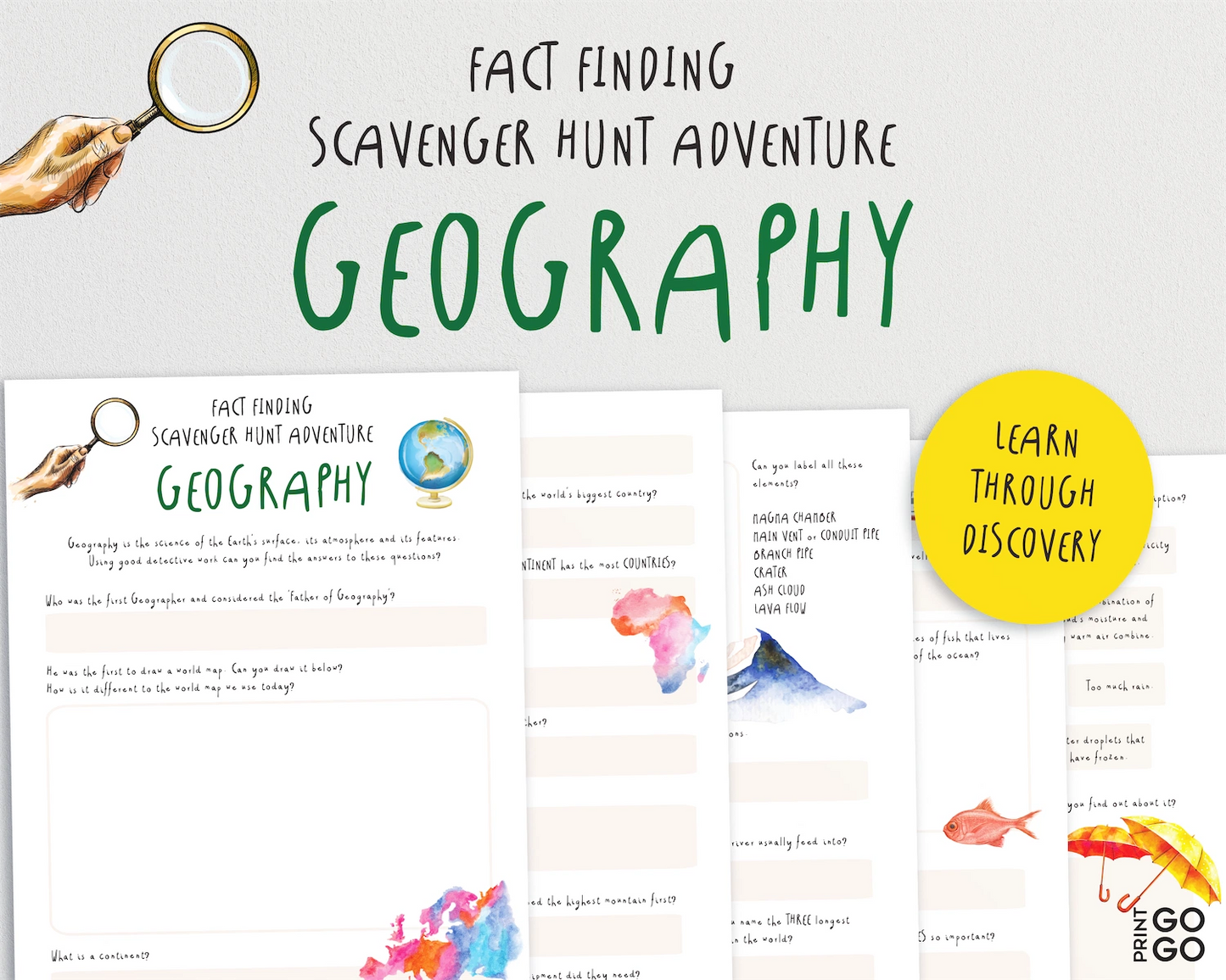 Geography scavenger hunt adventure book with colorful illustrations and text on a white background.